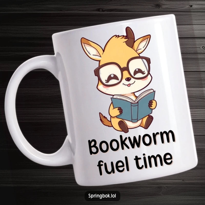 Funny mug showing a springbok character wearing oversized glasses, engrossed in reading a book with a comical expression.