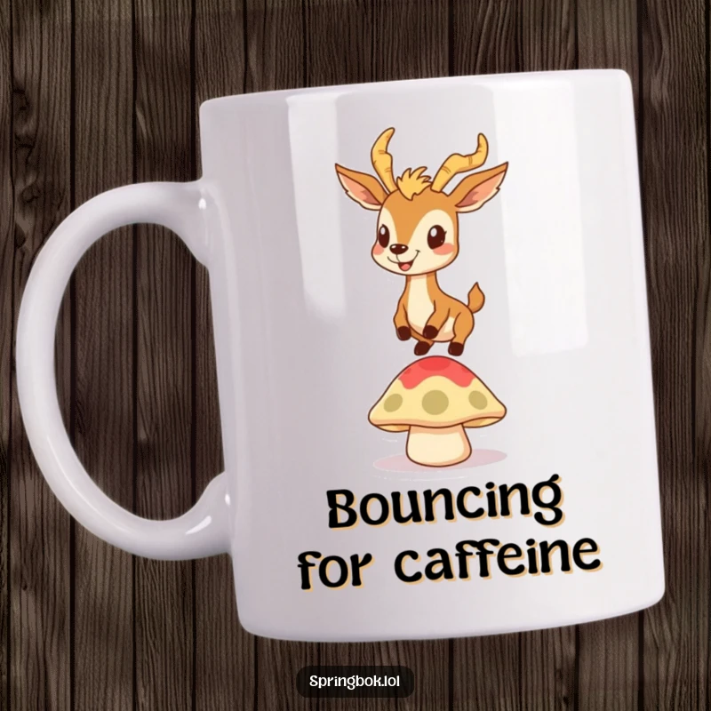 Funny mug showing a springbok with a goofy grin joyfully bouncing on a springy mushroom cap, a humorous character design.
