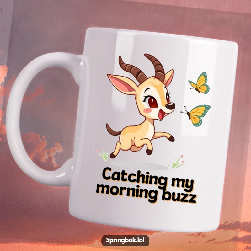 Funny springbok character excitedly chasing a butterfly on a ceramic mug, capturing a moment of pure, silly joy for a perfect gift.