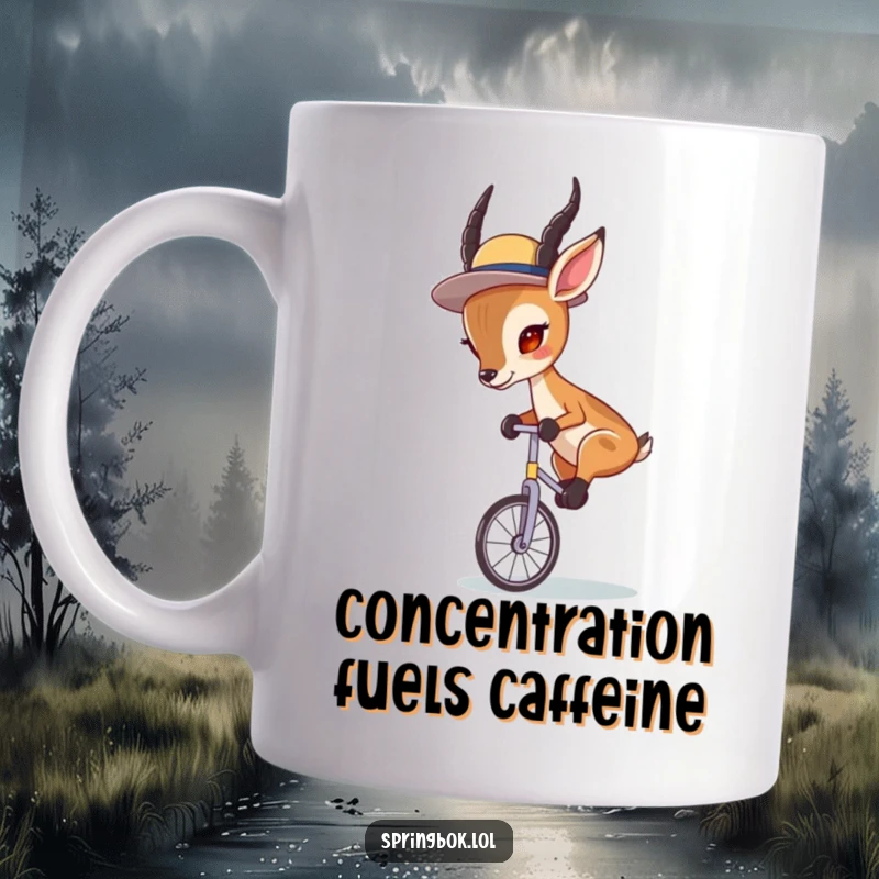 Funny Springbok Unicycle Mug: Springbok wearing a tiny hat, intensely concentrating while balancing on a unicycle.