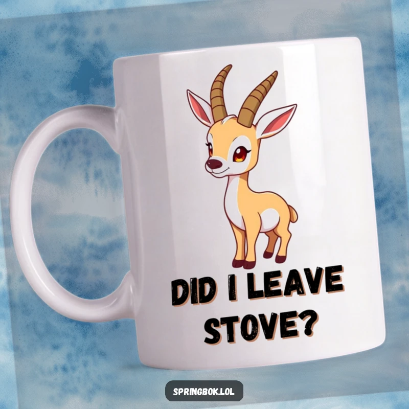 Funny springbok mug shows a springbok character in a quirky pose, looking curiously over its shoulder, full of humor.