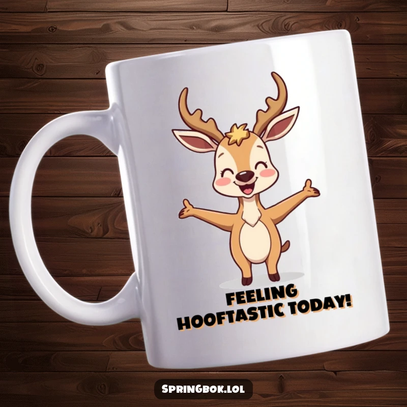 Funny Antelope Mug: A joyful antelope strikes a hilariously silly pose with its arms wide open, radiating pure, uninhibited happiness.