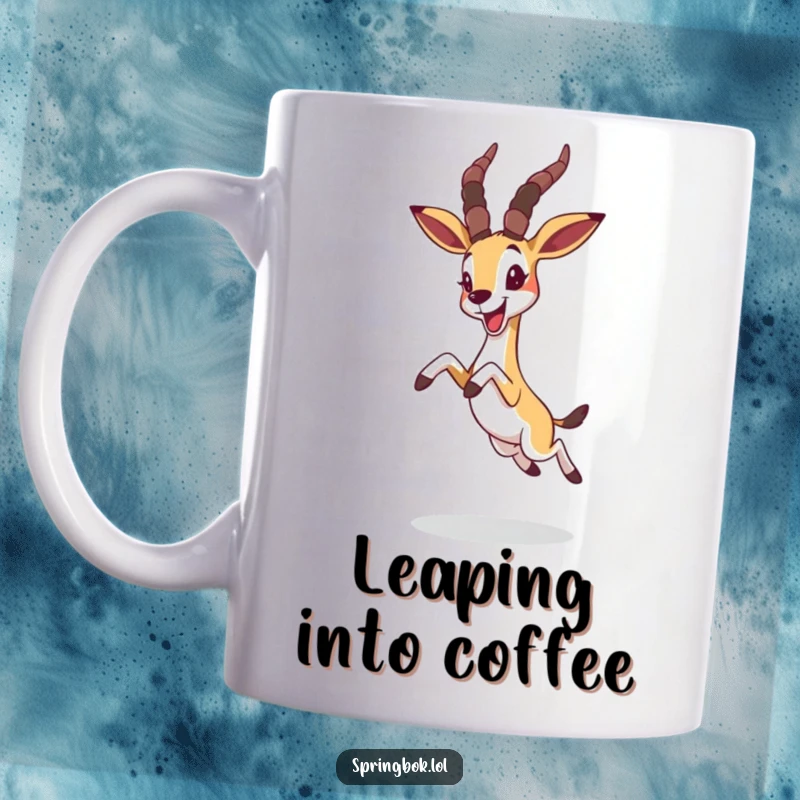 Funny springbok leaping joyfully with ears flopped forward, whimsical animal art mug