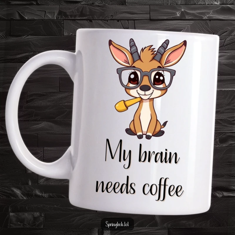 Funny springbok wearing oversized glasses, peering inquisitively at an unseen comical object, ideal for a quirky gift.