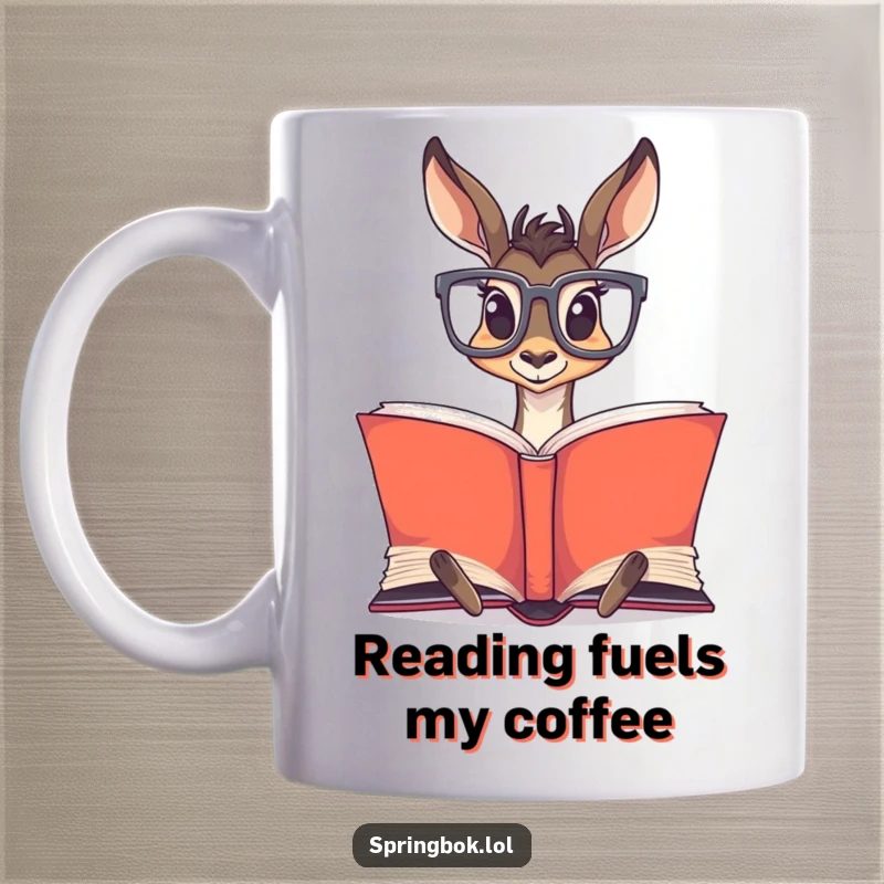 Funny Springbok Glasses Mug: Springbok wearing oversized glasses, engrossed in reading a very large, open book.