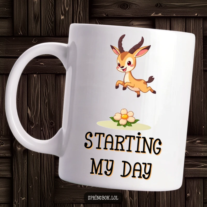 Funny mug showcasing a cute springbok character joyfully leaping over a small, smiling flower, embodying happiness and nature.