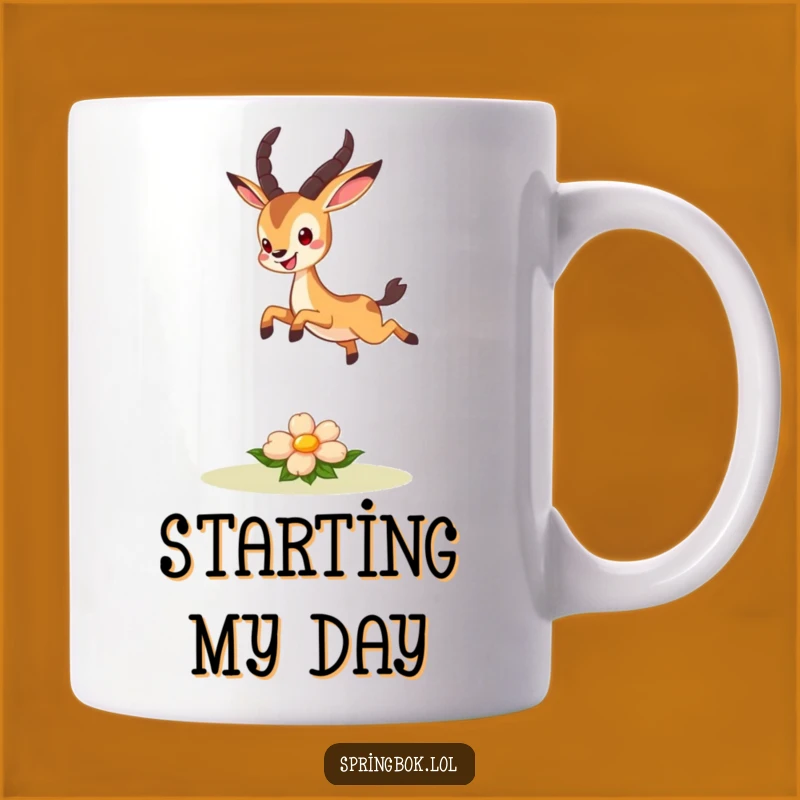 Funny Springbok Mug: Joyful Leap Over Flower - Cute Animal Gift Idea