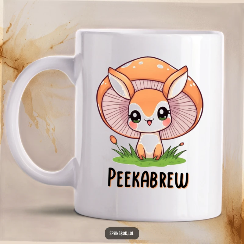 Funny mug showing a springbok character peeking with wide eyes from behind a large, cheerful mushroom, a scene of forest wonder.