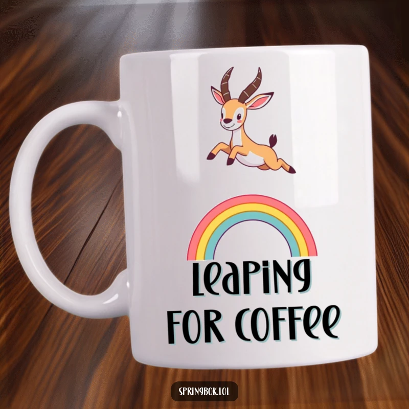 Funny mug featuring a cute springbok leaping enthusiastically over a stylized rainbow arc, radiating joy and playful energy.