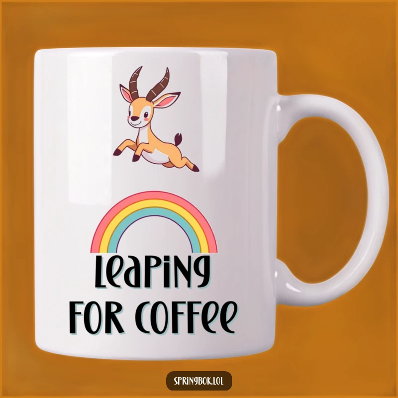 Funny Springbok Rainbow Mug: Enthusiastic Leap, Cute Animal Action, Perfect Funny Gift