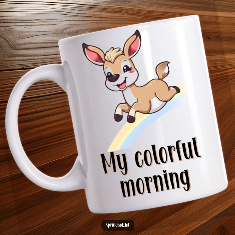 Funny springbok mug sliding down a rainbow with a wide, delighted grin, perfect for a funny gift.