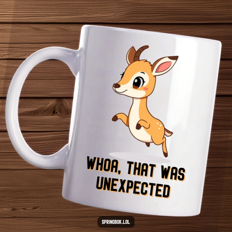 Funny springbok caught mid-air doing a surprised little hop, perfect for a humorous mug.