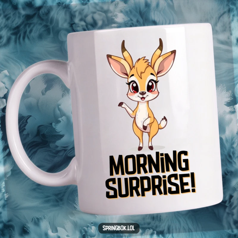 Funny springbok mug shows a springbok character with wide eyes and one leg lifted in a surprised, comical pose.
