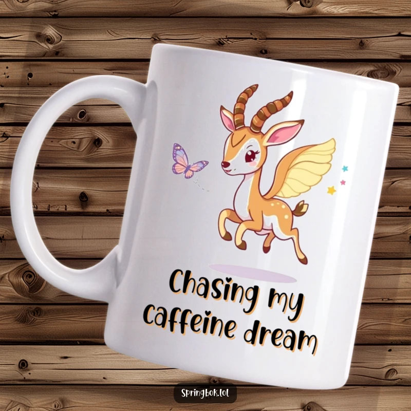 Funny Winged Springbok Mug: Springbok with delicate wings playfully chasing a shimmering butterfly in a whimsical scene.