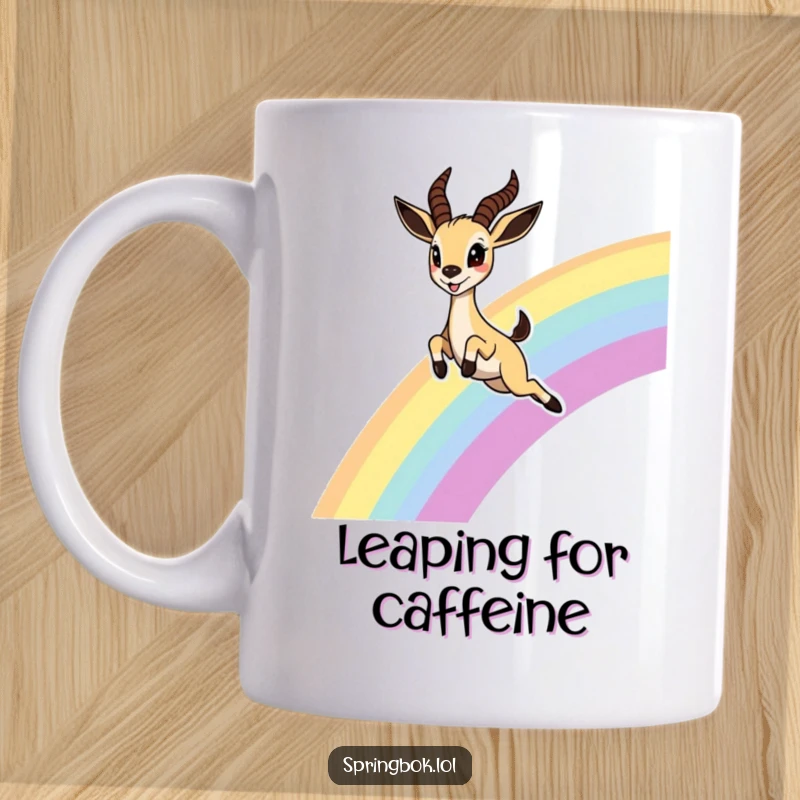 Funny Springbok Rainbow Mug, featuring a cute springbok leaping joyfully over a rainbow with eyes wide in delight, symbolizing happiness.