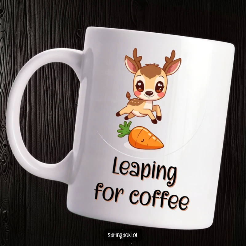 Funny mug showing a small, round antelope with large friendly eyes leaping joyfully over a tiny, cheerful carrot.