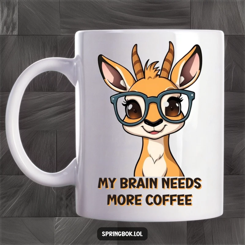 Funny springbok wearing oversized glasses, looking utterly bewildered and confused, perfect for a humorous mug gift.