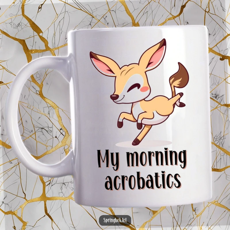 Funny Springbok cartwheel mug, a mischievous springbok winking as it performs a cartwheel, perfect for a laugh.