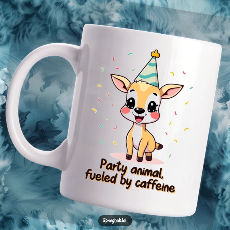 Funny Springbok Mug throwing confetti with a party hat and a huge smile, celebrating joyfully. A hilarious gift for animal lovers.