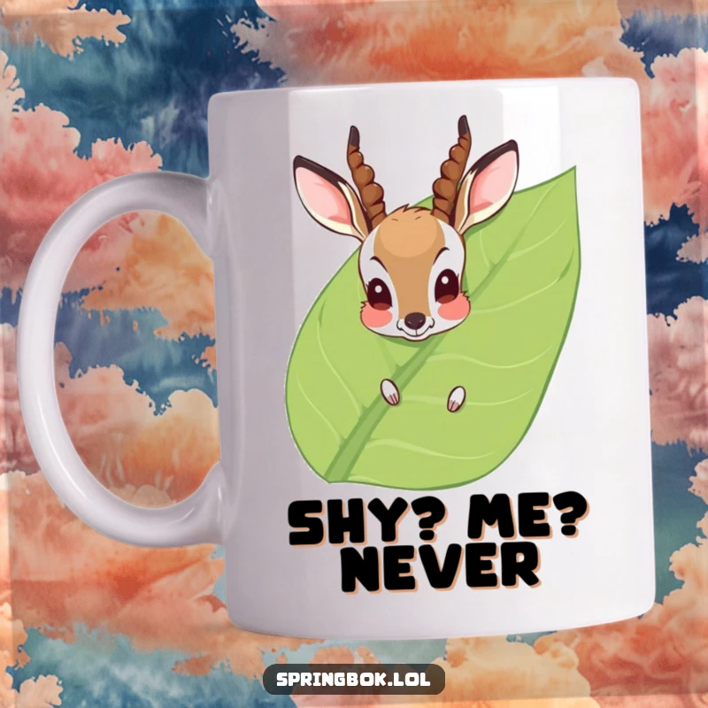 Funny Mug: A cute, blushing antelope peeks playfully from behind a large green leaf, showing off its shy and adorable nature.