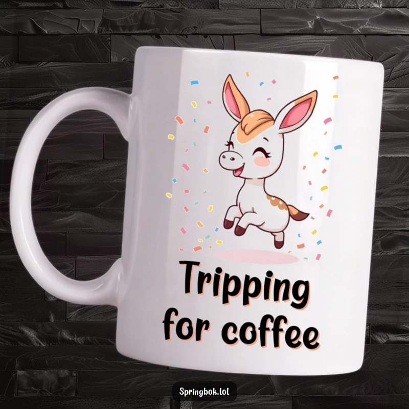Funny mug showing a Kawaii springbok tripping playfully and scattering colorful confetti, an adorable and humorous character design.