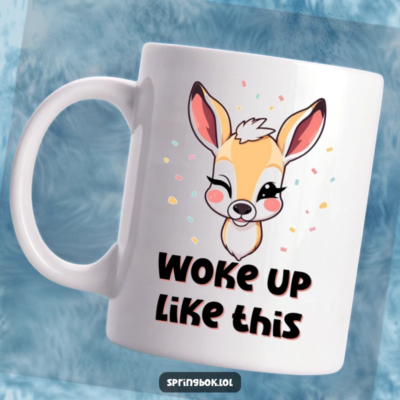 Funny mug showing a springbok winking playfully with colorful confetti falling around it, signaling a celebration.
