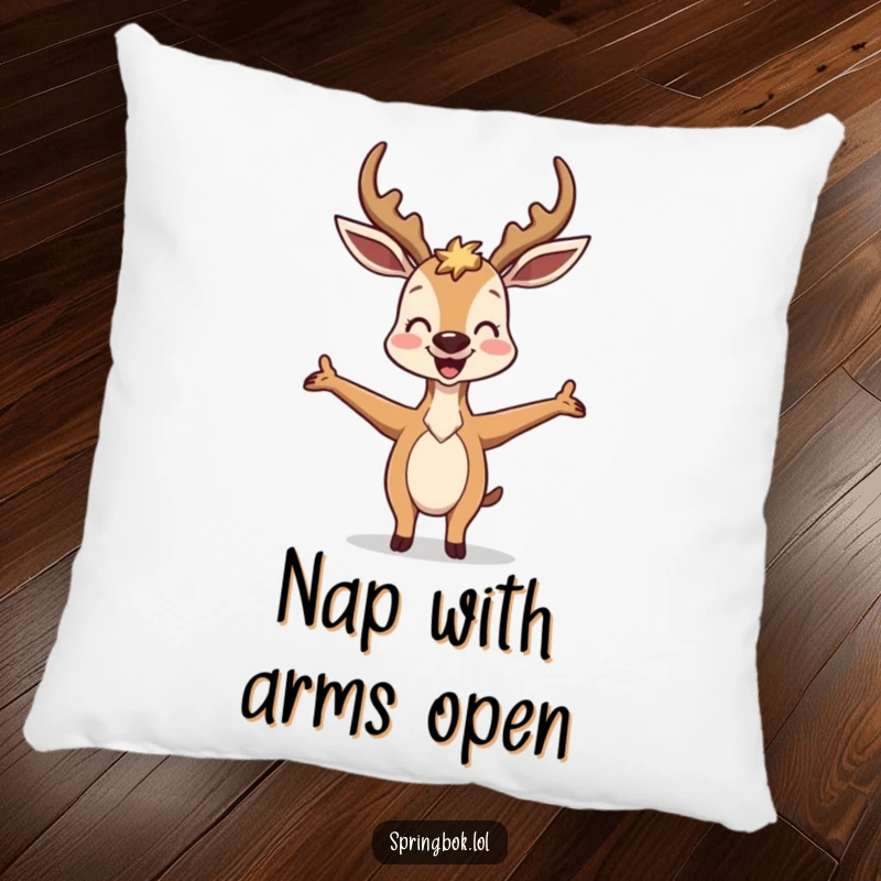 Funny Antelope Pillow: A joyful antelope is depicted in a comically silly, arms-outstretched pose, offering comfort and humor.