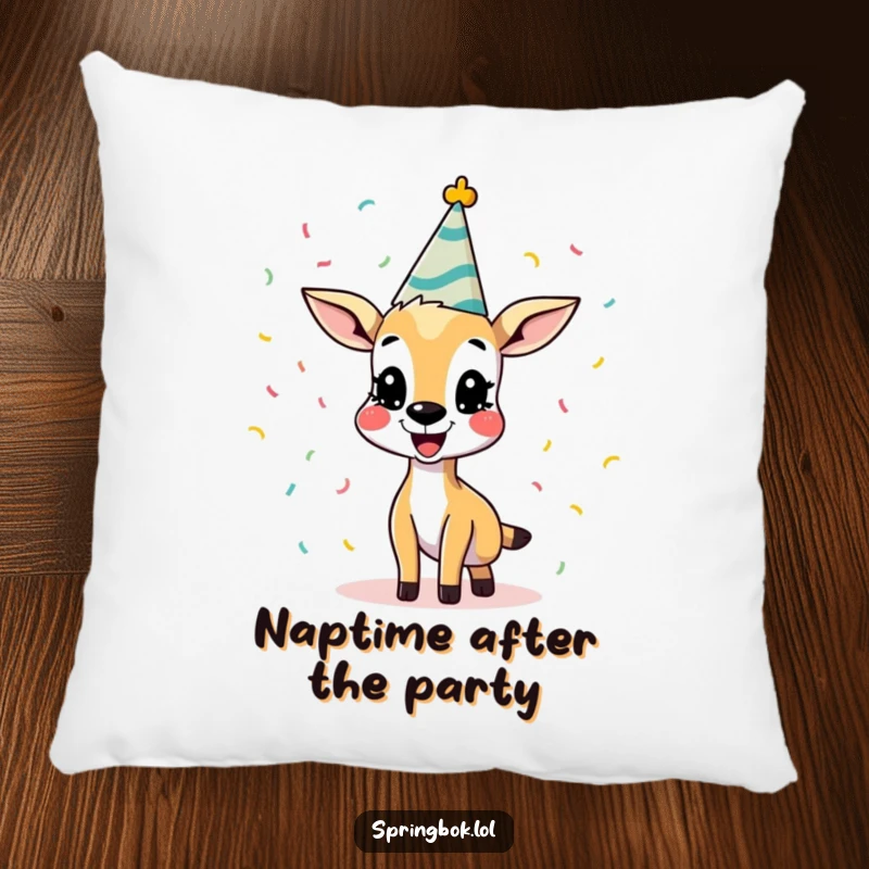 Funny Springbok Pillow, showcasing a springbok wearing a party hat and tossing confetti with glee. A soft, humorous accent piece.