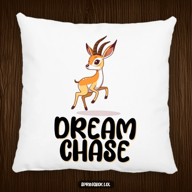 Funny springbok pillow features a playful springbok chasing its shadow, perfect for comfortable and humorous decor.