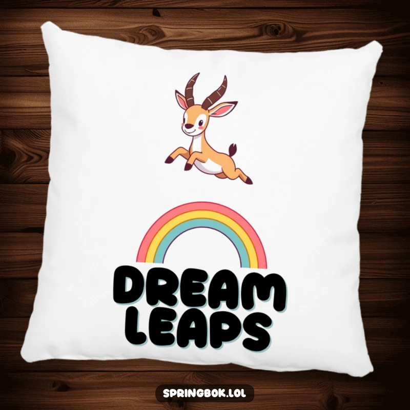 Funny springbok pillow featuring a cute animal leaping over a rainbow, perfect for adding comfort and whimsical charm.