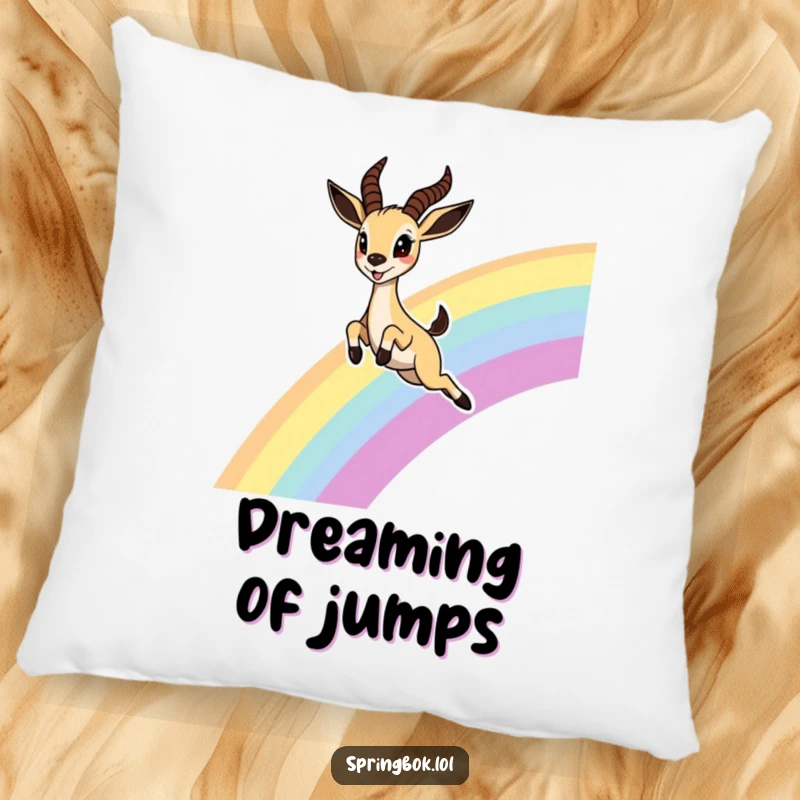 Funny Springbok Rainbow Pillow, featuring a cute springbok joyfully leaping over a rainbow with delighted eyes, perfect for adding whimsy.
