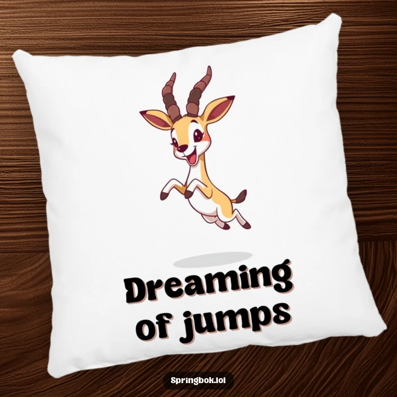 Funny springbok leaping joyfully with ears flopped forward, soft and whimsical animal cushion