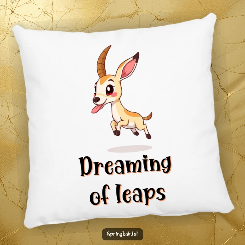 Funny springbok caught mid-jump with tongue out, adding a playful and humorous touch to a soft pillow.