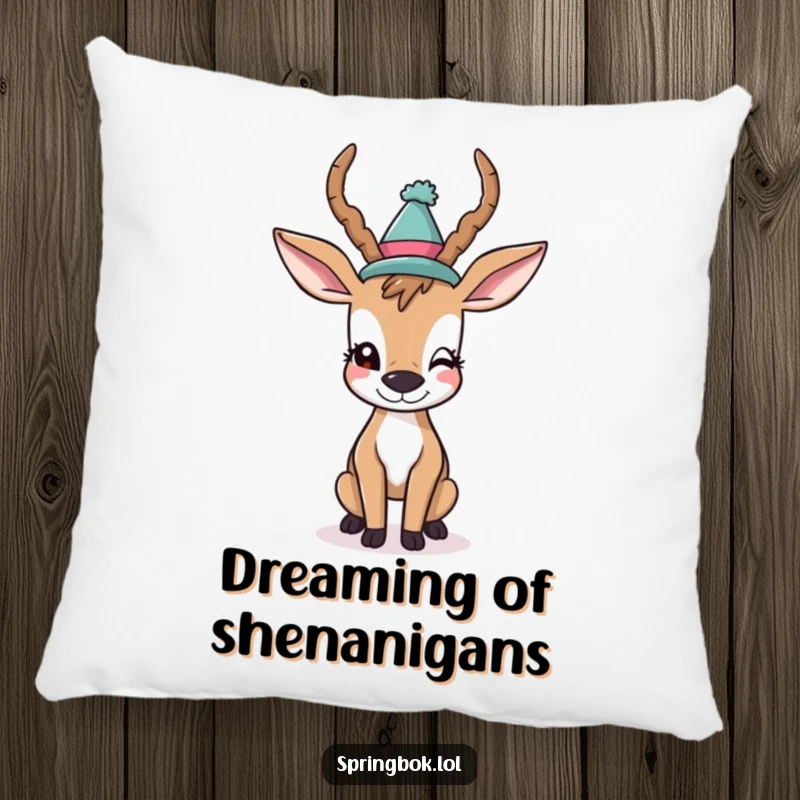 Funny Pillow: A cheeky antelope in a funny hat winks playfully, bringing a touch of lighthearted fun and comfort to your decor.