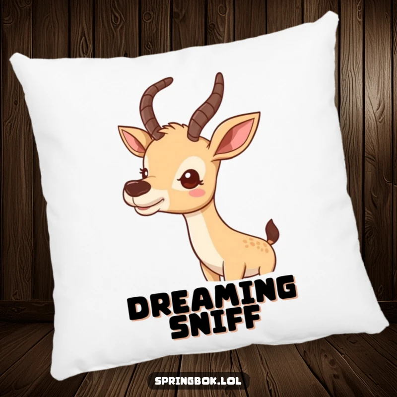 Funny pillow with a cute antelope wiggling its nose curiously, perfect for comfort and decor.