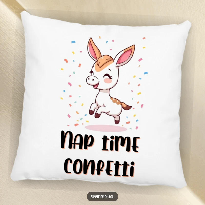 Funny decorative pillow showing a Kawaii springbok tripping playfully and scattering confetti, a humorous and cozy item.