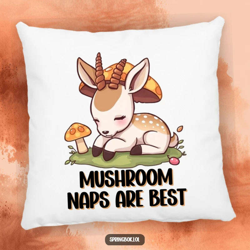 Funny Pillow: A peaceful antelope rests under a colorful mushroom, offering humorous comfort and a tranquil vibe to any seating area.