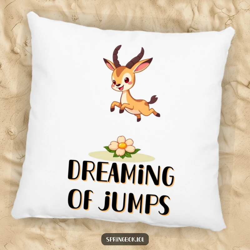 Funny pillow with a cute springbok character joyfully leaping over a small, smiling flower, a soft and happy home accent.
