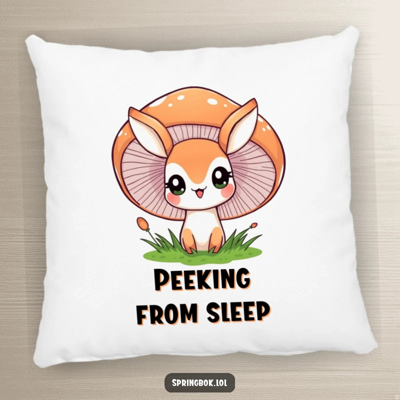 Funny pillow depicting a springbok character peeking with wide eyes from behind a large, cheerful mushroom, a soft and magical accent.