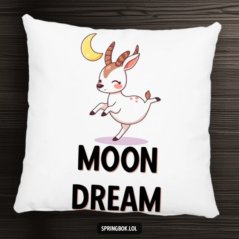 Funny springbok pillow featuring a rosy-cheeked character cartwheeling under a crescent moon, offering comfort and whimsical charm.