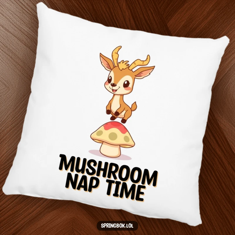 Funny decorative pillow showing a springbok with a goofy grin bouncing on a mushroom cap, a humorous and cozy item.