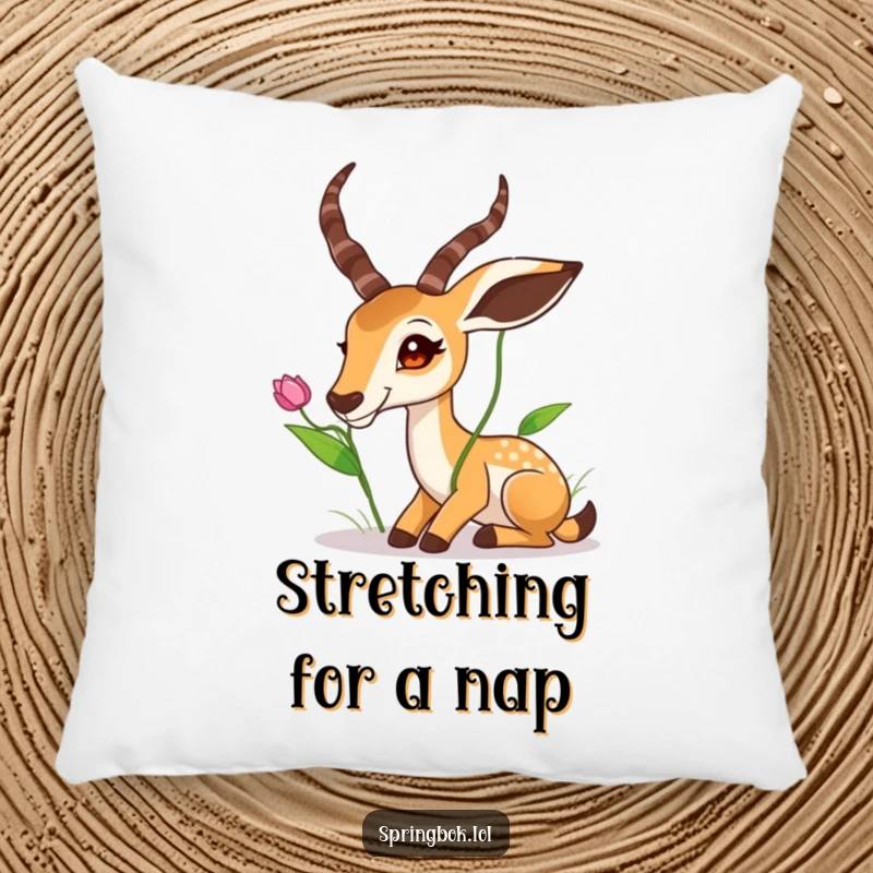 Funny Springbok Pillow: A springbok stretching its neck to reach a high leaf, adding a touch of whimsical humor to comfort.
