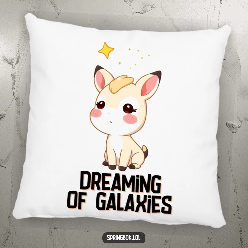Funny starry sky springbok pillow, a springbok character looking up at stars, soft and whimsical decor.