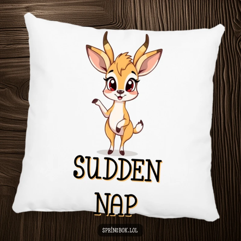 Funny springbok pillow features a springbok looking surprised with one leg up, perfect for comfortable and humorous decor.
