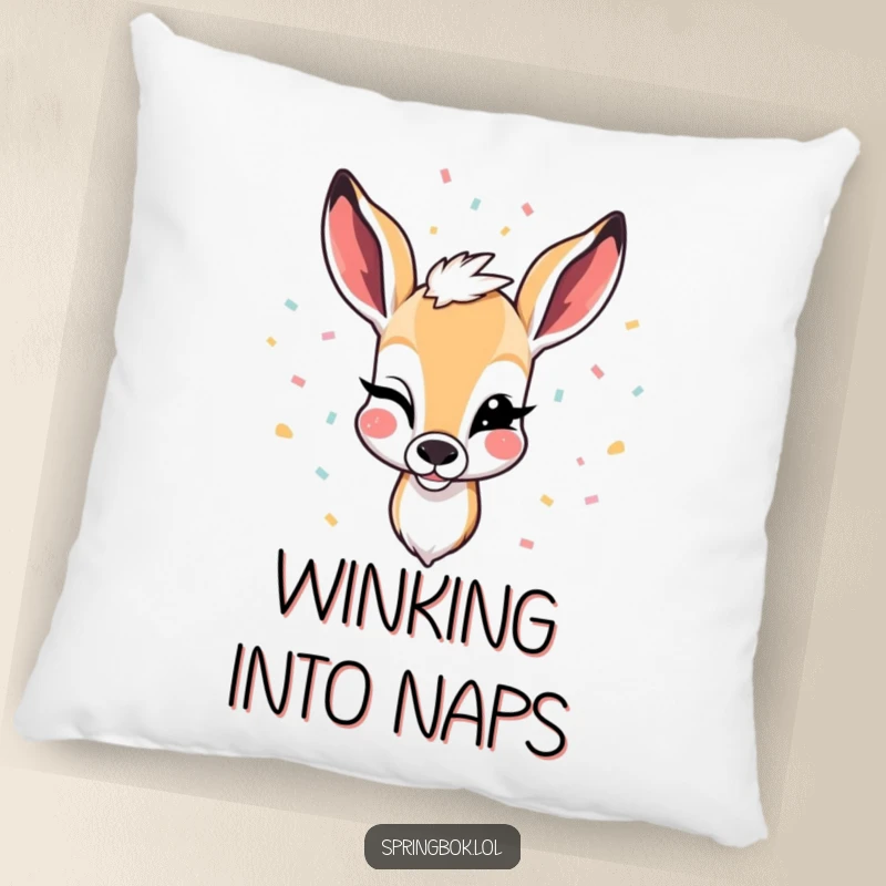 Funny pillow showcasing a springbok winking with confetti falling, adding soft comfort and festive humor to any room.