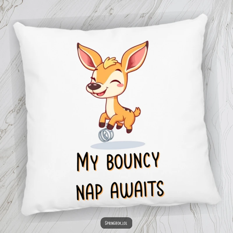 Funny springbok with a wide grin bouncing on a spring on a soft pillow, adding cozy and humorous charm.