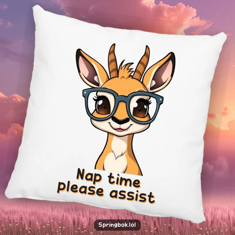 Funny springbok with large glasses, looking hilariously bewildered, printed on a soft and cozy pillow.
