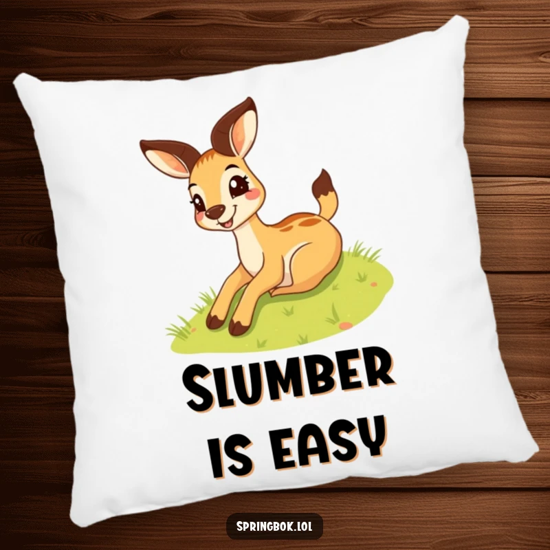 Funny springbok pillow with a silly grin sliding down a grassy hill, offering comfort and a touch of playful humor.