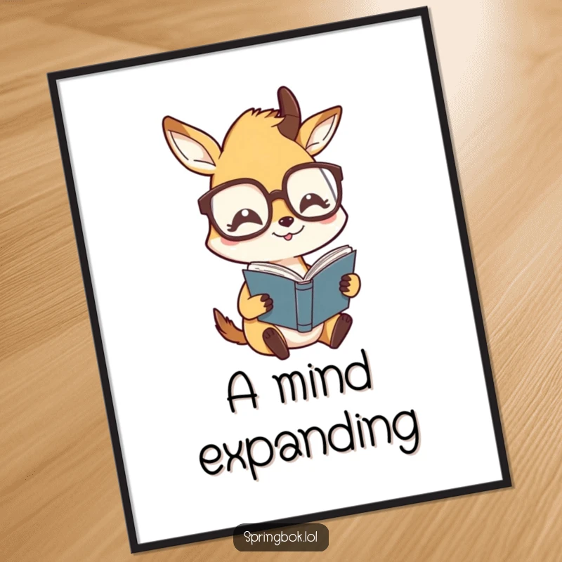 Funny digital art print of a springbok character wearing oversized glasses, humorously reading, perfect for instant witty decor.