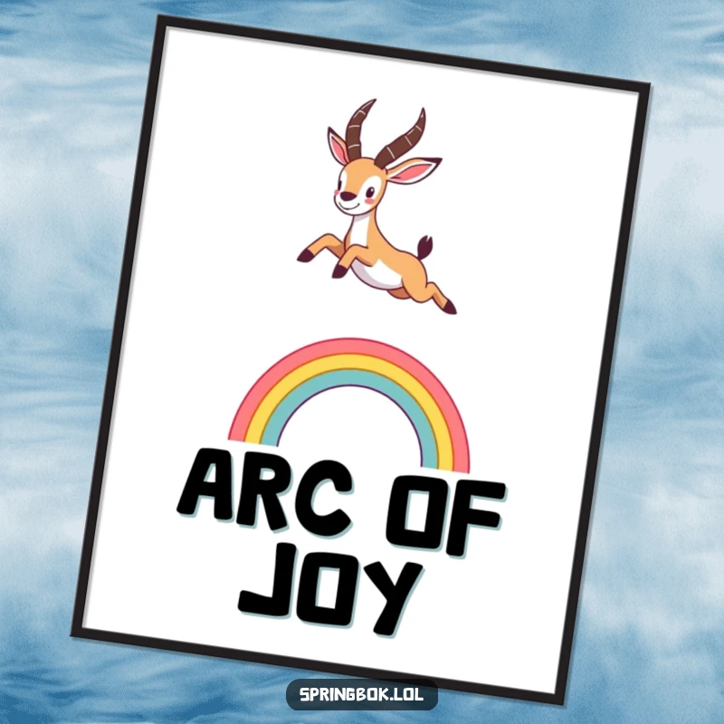 Funny springbok digital art print of a cute animal leaping enthusiastically over a stylized rainbow, exuding joy and whimsy.